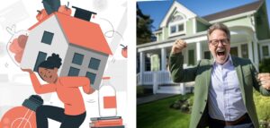 A stressed landlord overwhelmed by property issues, next to a happy landlord who has met with a property expert and found a solution