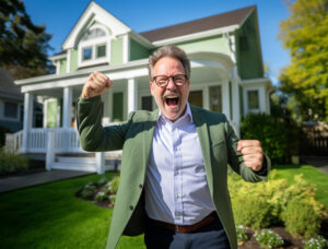 Excited landlord celebrating a successful property deal in front of their house – stress-free property solutions